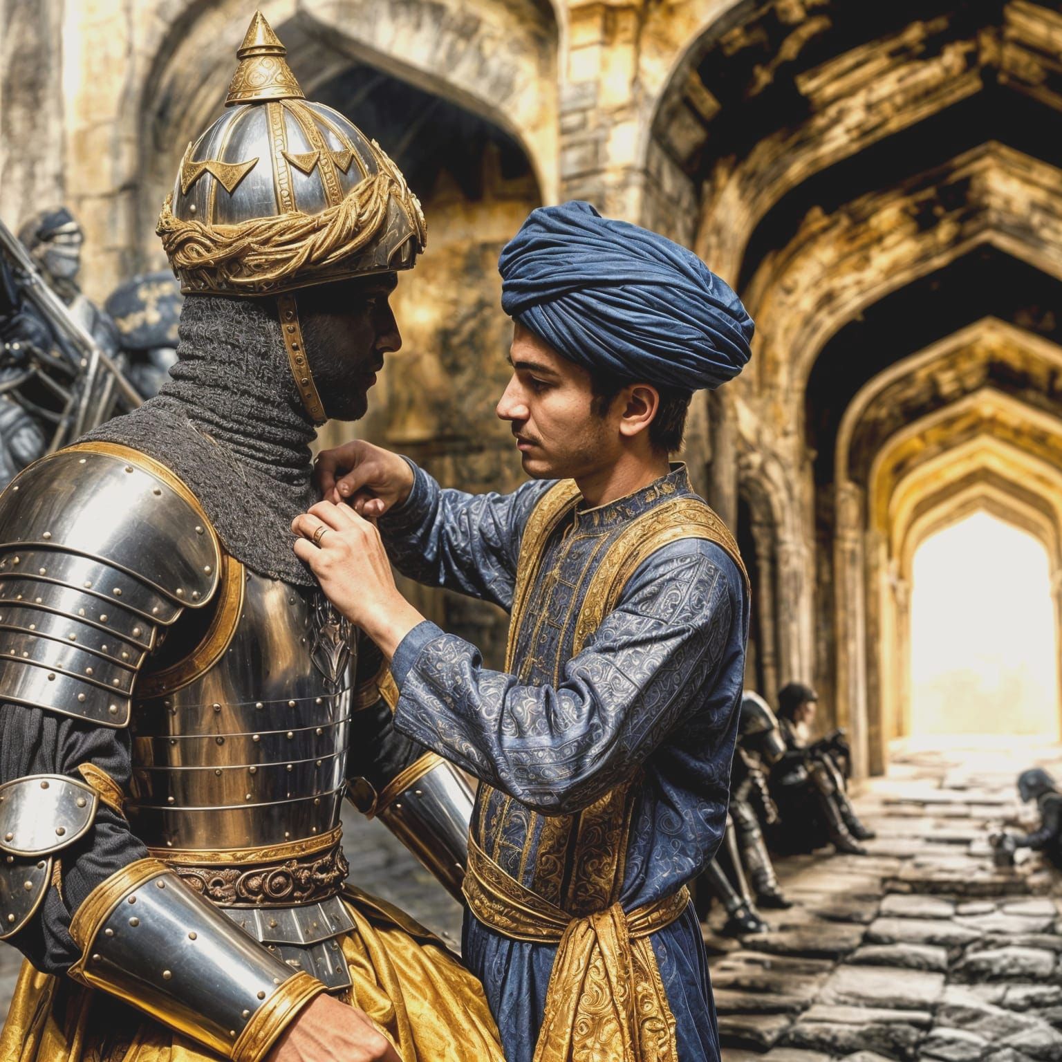 Squire Assists Knight in Gleaming Armor