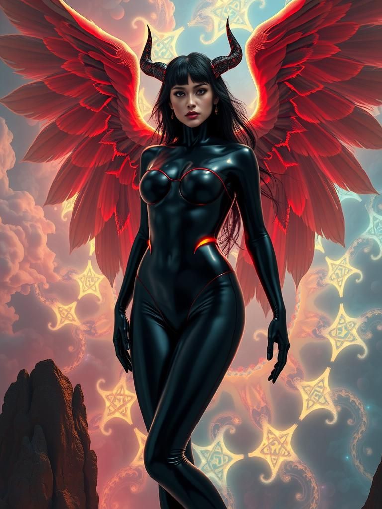 Diabolic Angel in Latex Bodysuit with Fractal Background
