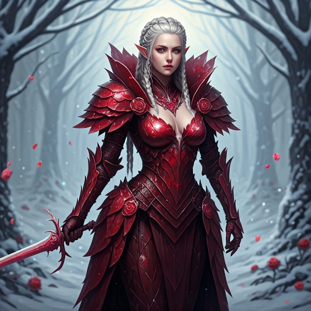 Fey Woman-Knight in Crimson Petal Armor
