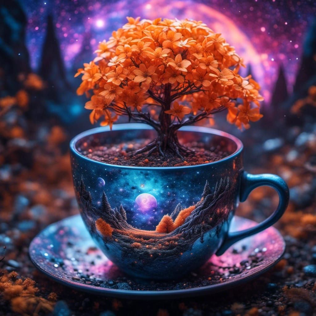 an orange tree inside a coffee cup<lora:Night Sparkle:1.0>