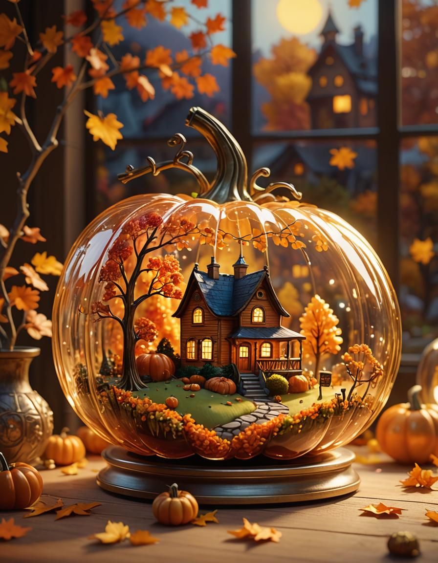 Glass Pumpkin Miniature Autumn Scene in 3D Style