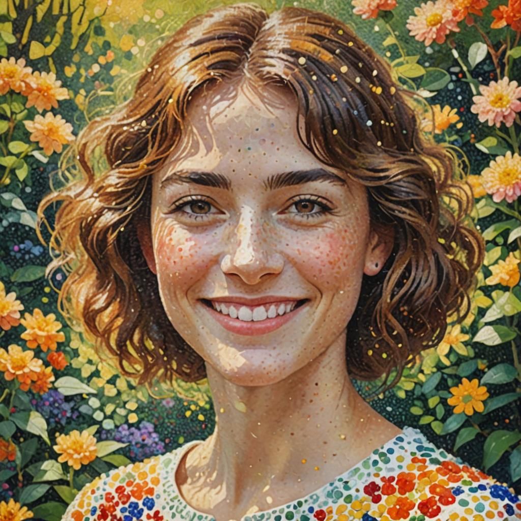 Pointillist Woman Smiling in Garden with Soft Light