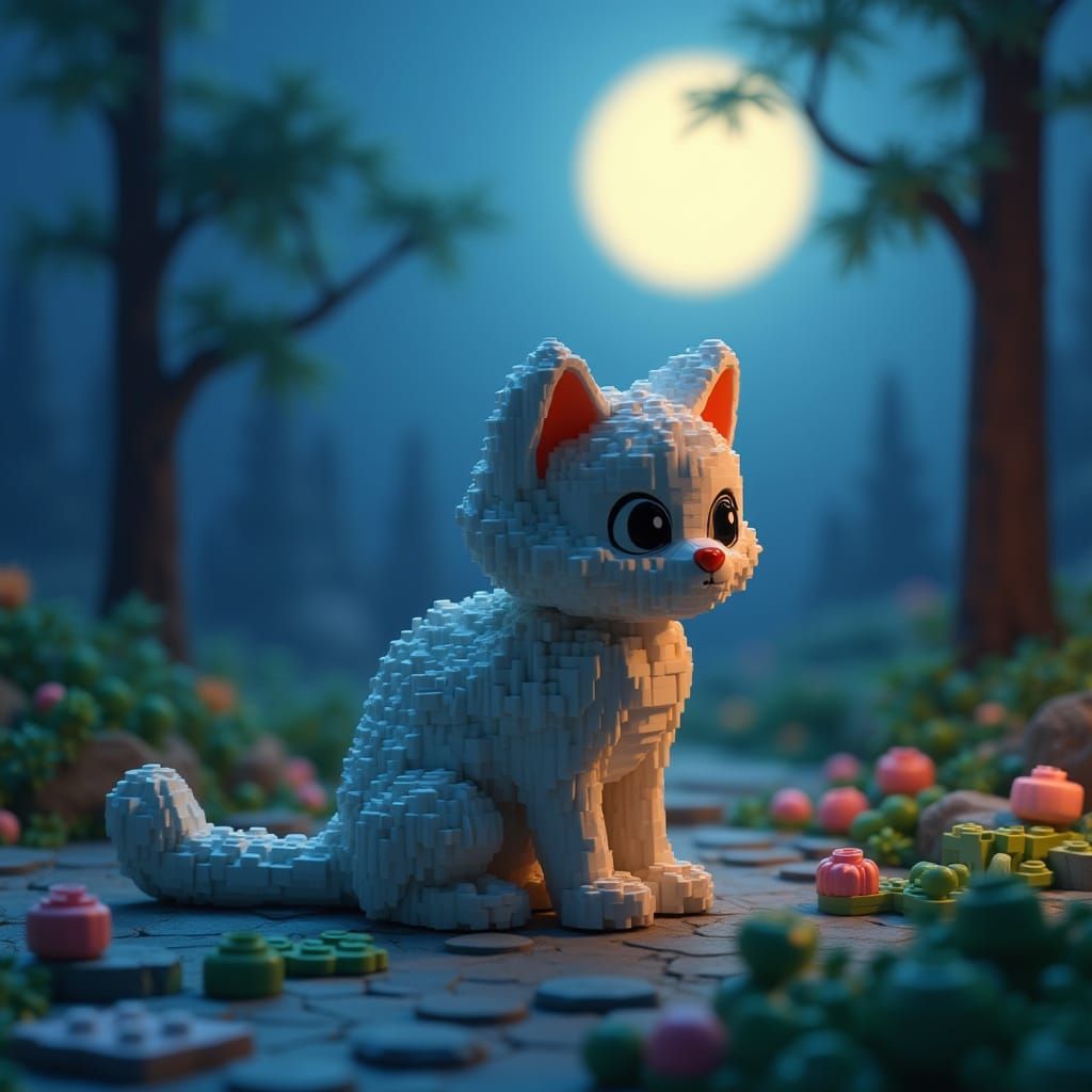 Adorable Lego Cat in Moonlit Dreamscape