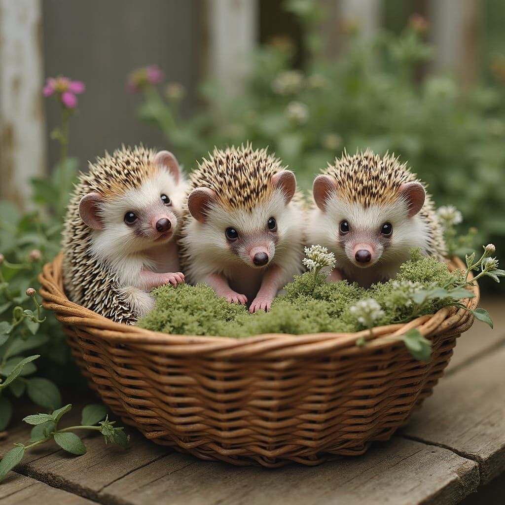 Baby Hedgehogs in Basket: Photorealistic Hyperrealism
