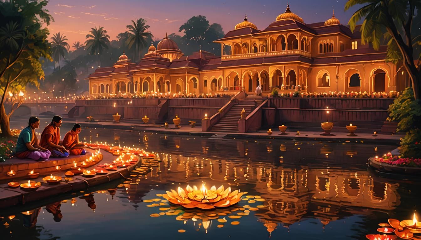 Diwali Celebration by River in Indian Folk Art Style