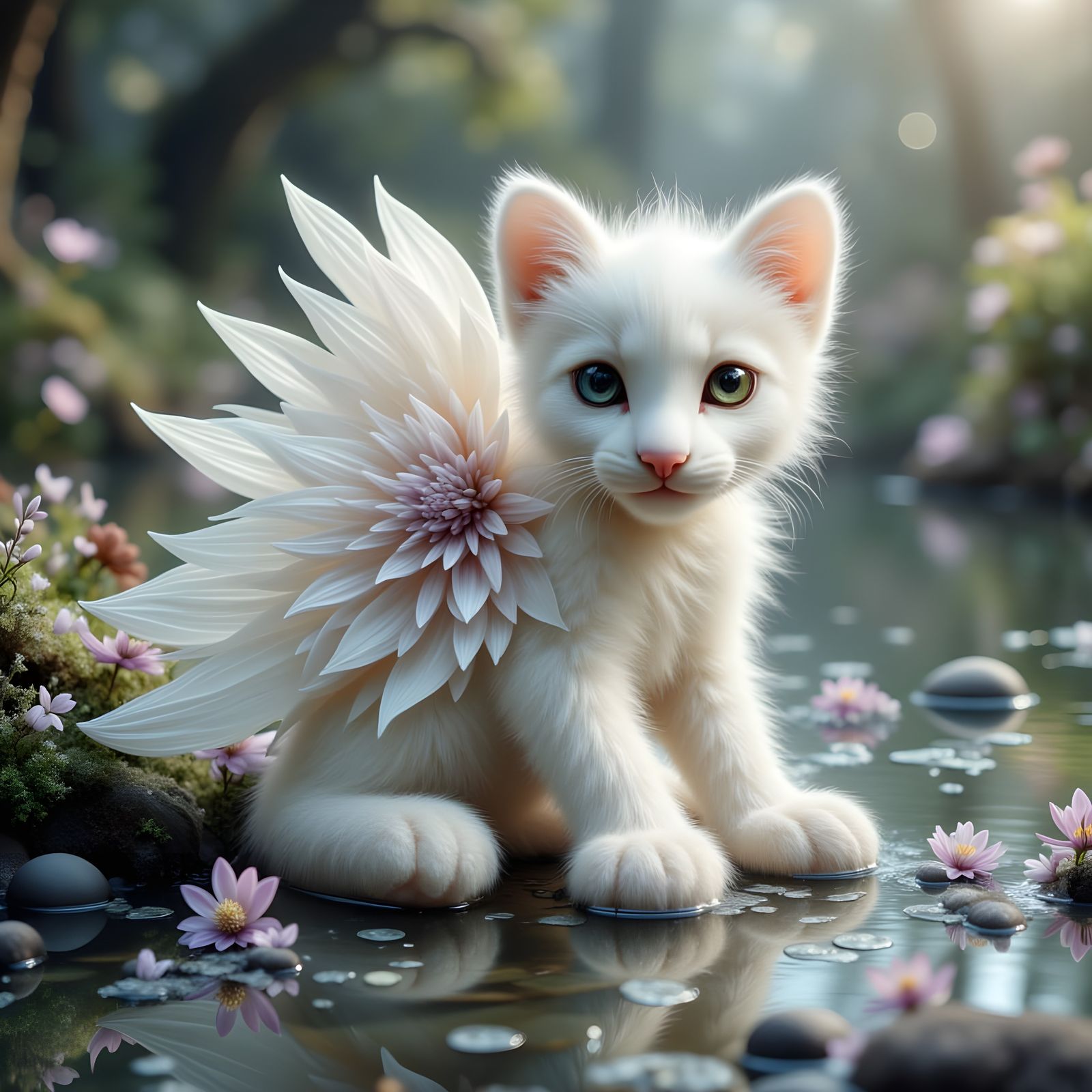 Albino Tiger Cub with Floral Wings by Pond