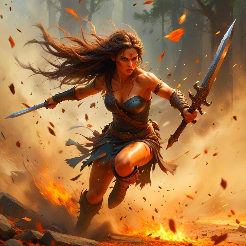 Fierce Female Barbarian Warrior in Dynamic Battle Stance