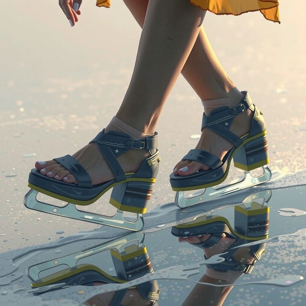 Woman's Feet in Futuristic Ice Skates on Blazing Blue Backgr...