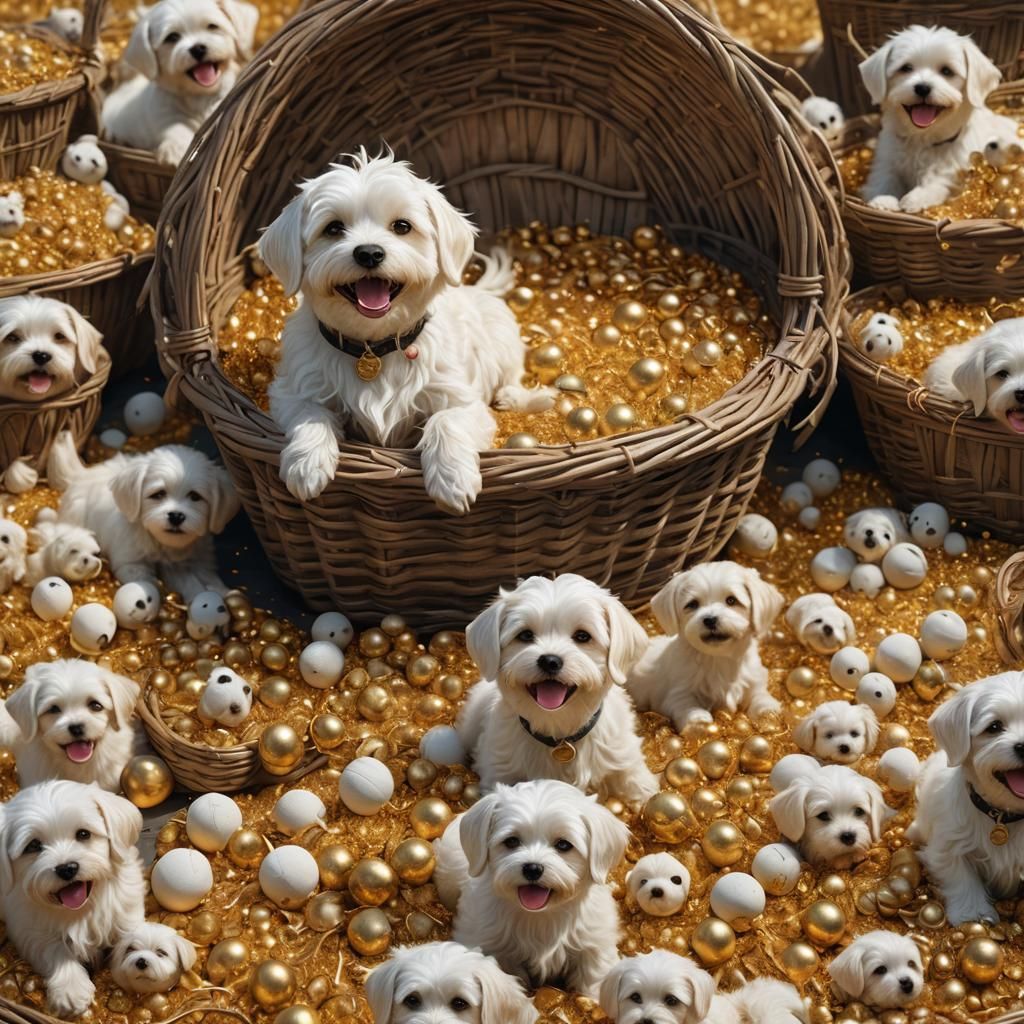 Happy Maltese Dogs in Golden Dust, Fantasy Art
