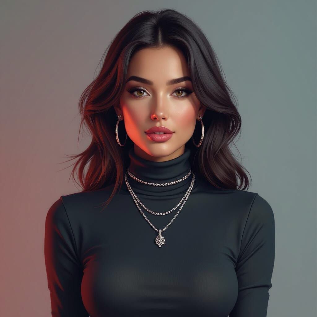 Confident Woman with Silver Necklaces in Hyperrealistic Styl...