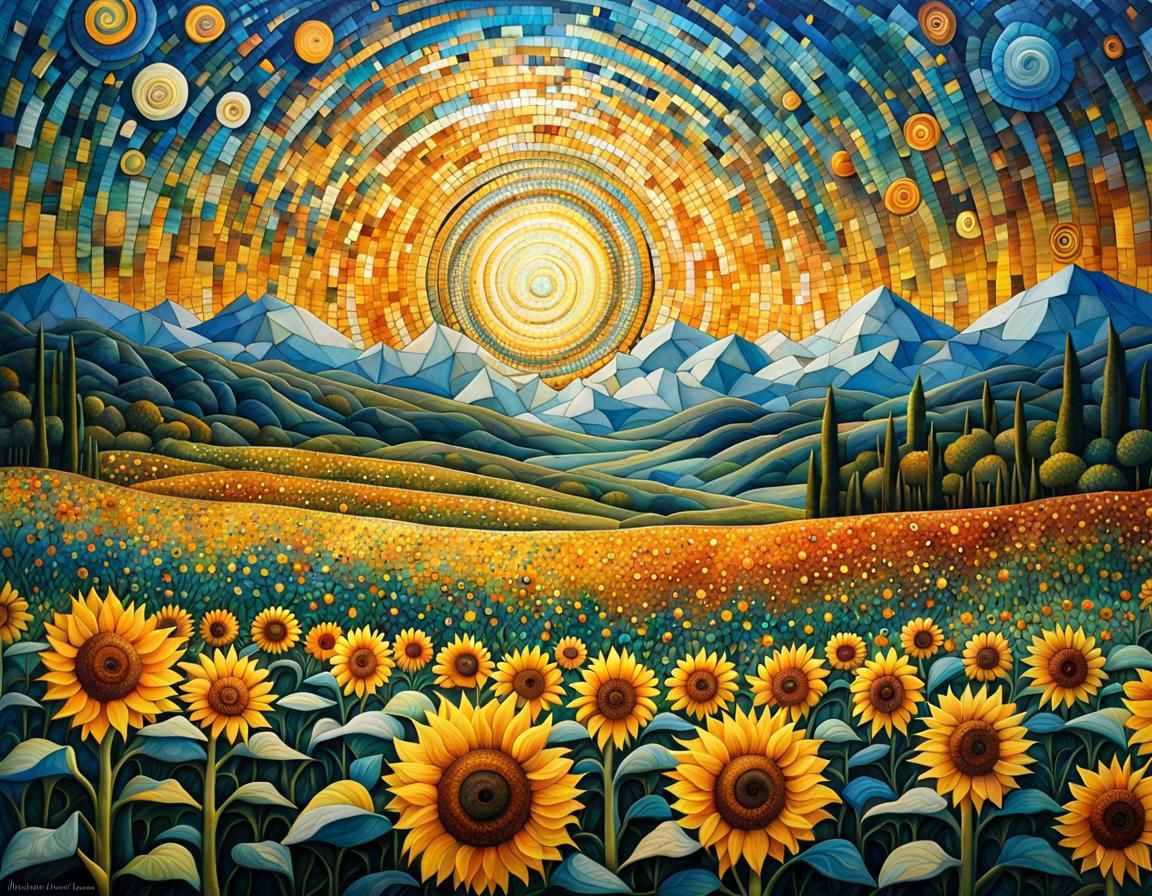 Mosaic Sunflower Landscape in a Dreamlike Style