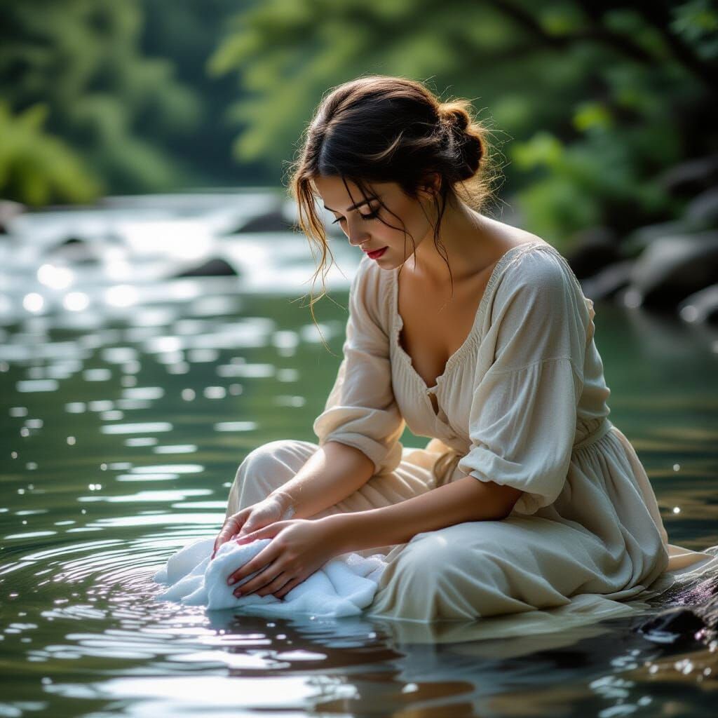 Young Woman Washing Clothes in River, Emotive Photography