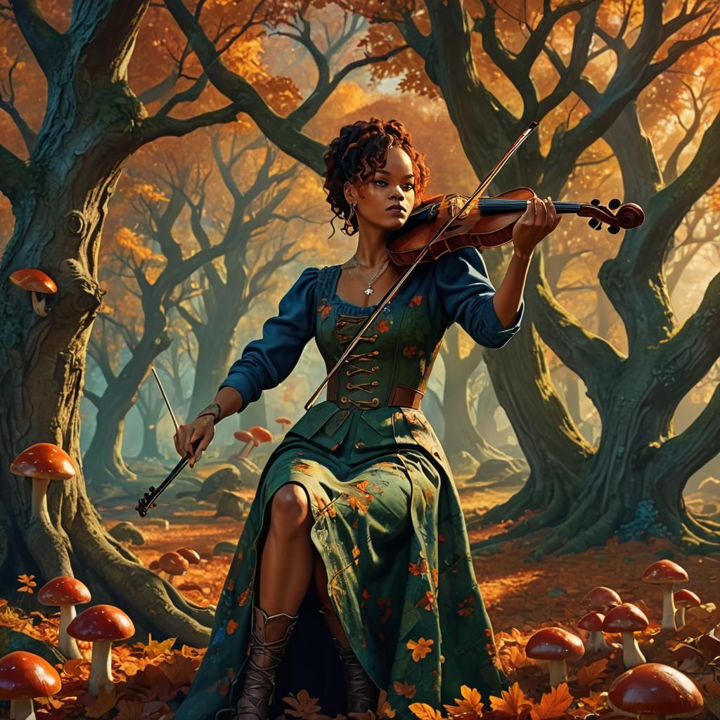 Enchanting Autumn Forest Scene with Violinist, Digital Art