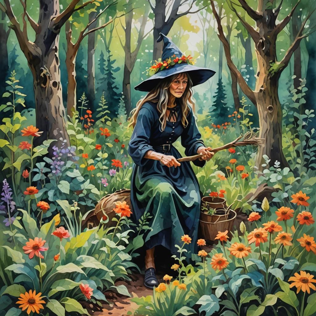 Forest Witch in Garden: Gouache Impressionist Masterpiece