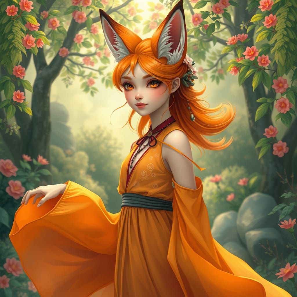 Whimsical Fox Maiden in Japanese Garden