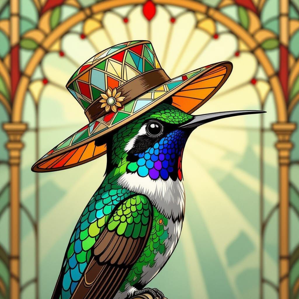 Regal Hummingbird in Art Deco Style with Stained Glass Hat