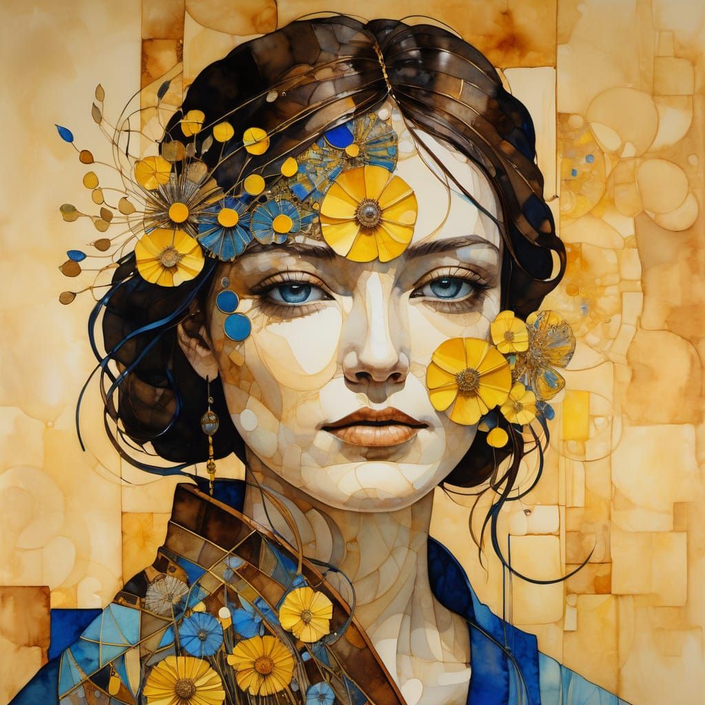 Intricate Terracotta Wildflower Abstract with Electric Blue...