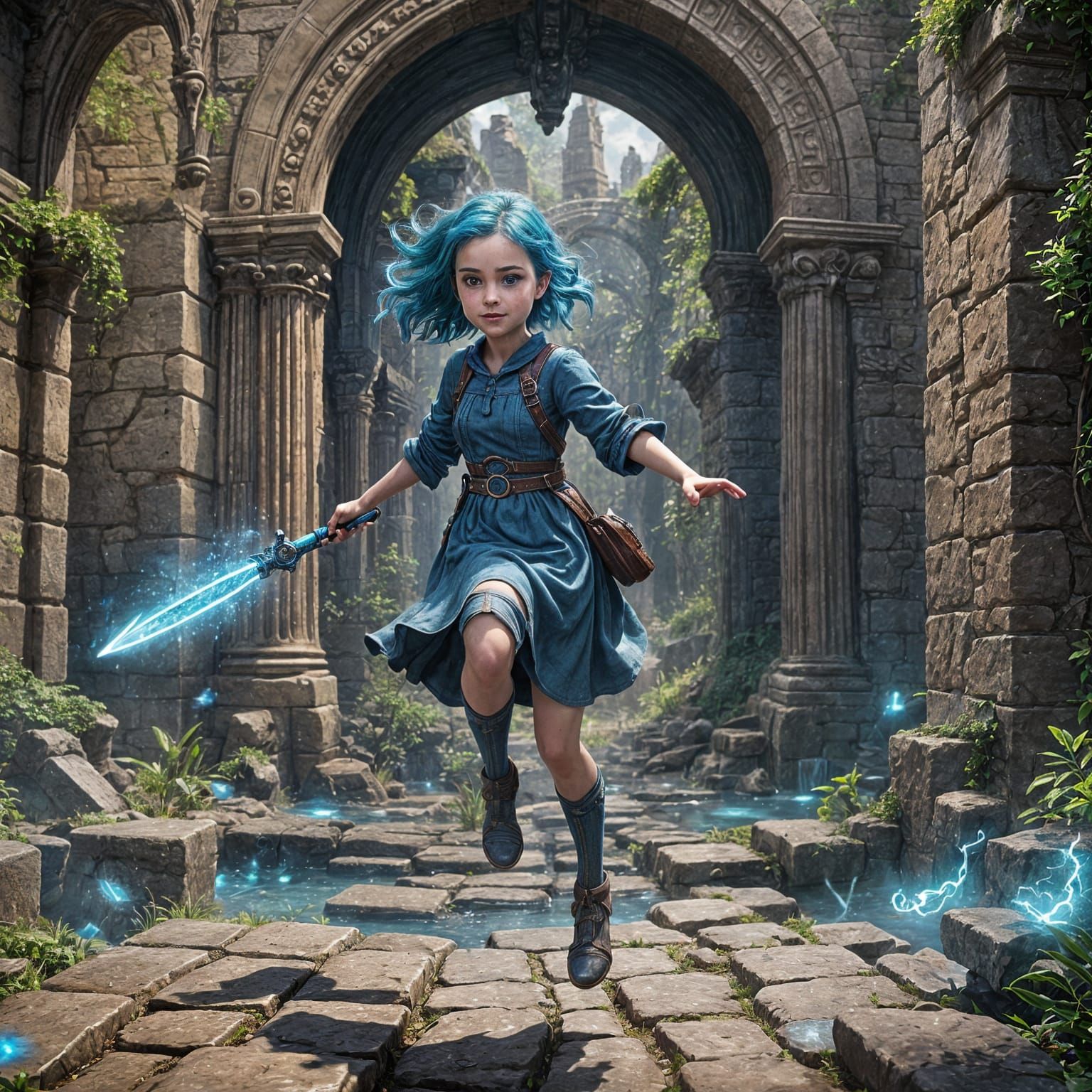 Blue-Haired Girl Jumps Through Portal, Fantasy Art