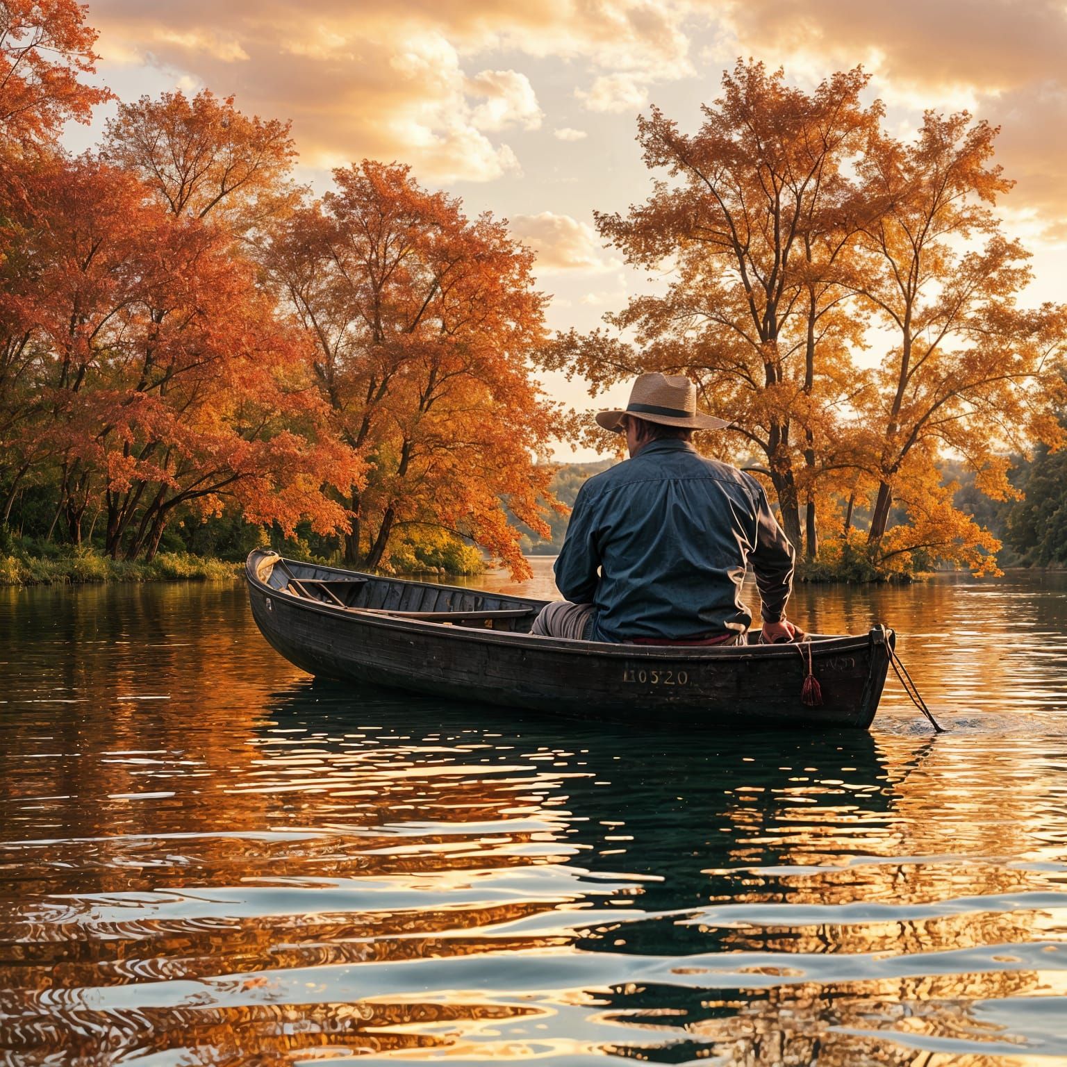 Man in a Boat Surrounded by Sunset Reflections
