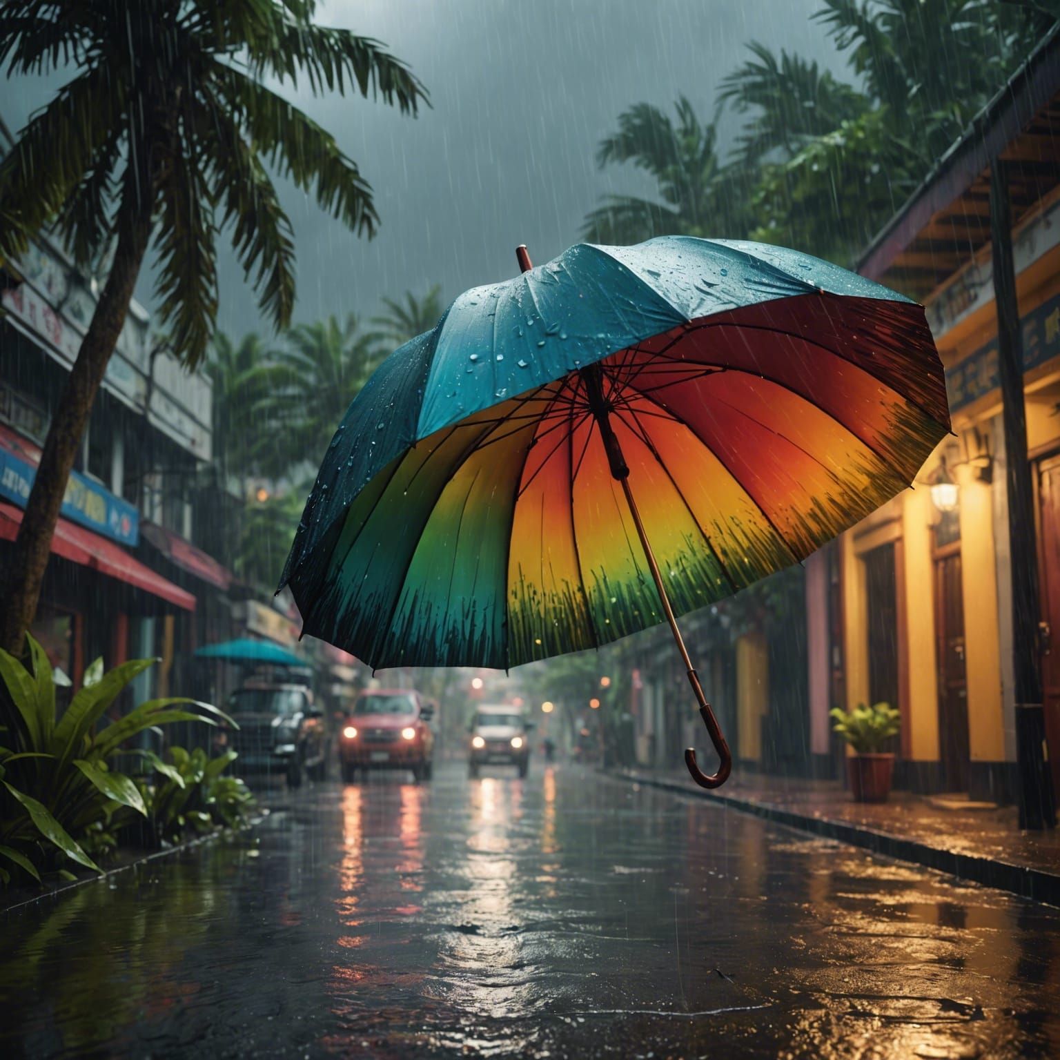 Colorful Umbrellas in a Venezuelan Thunderstorm