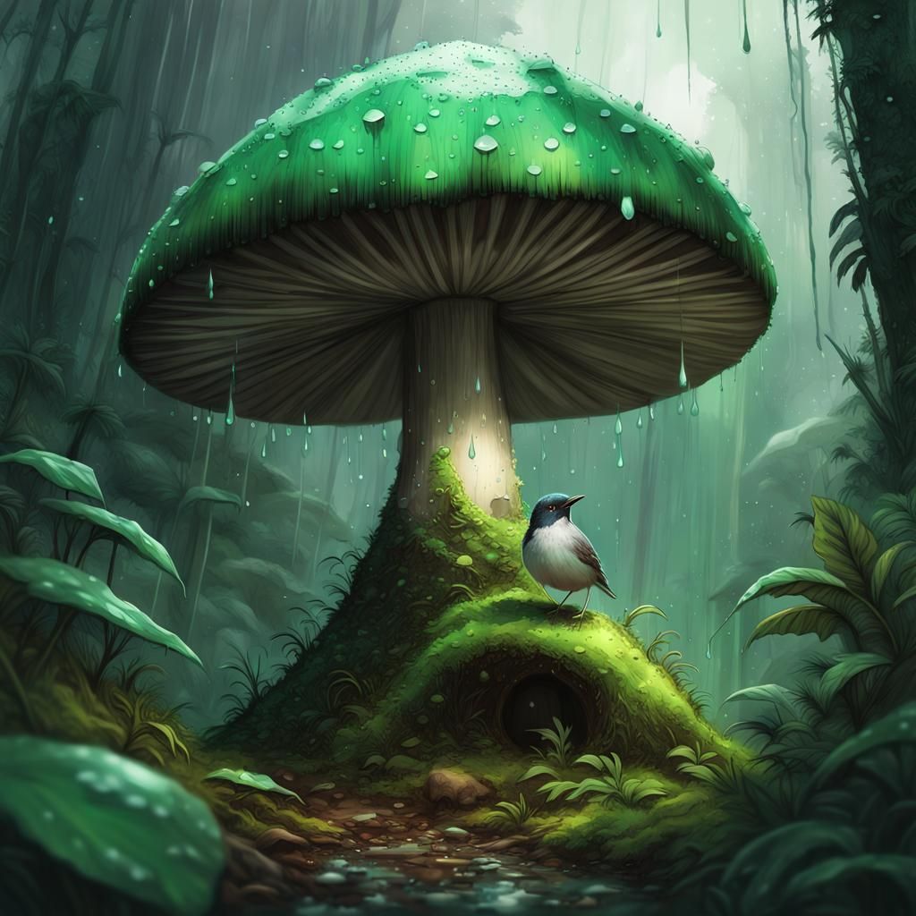 Mystical Bird Shelters Under Glowing Mushroom