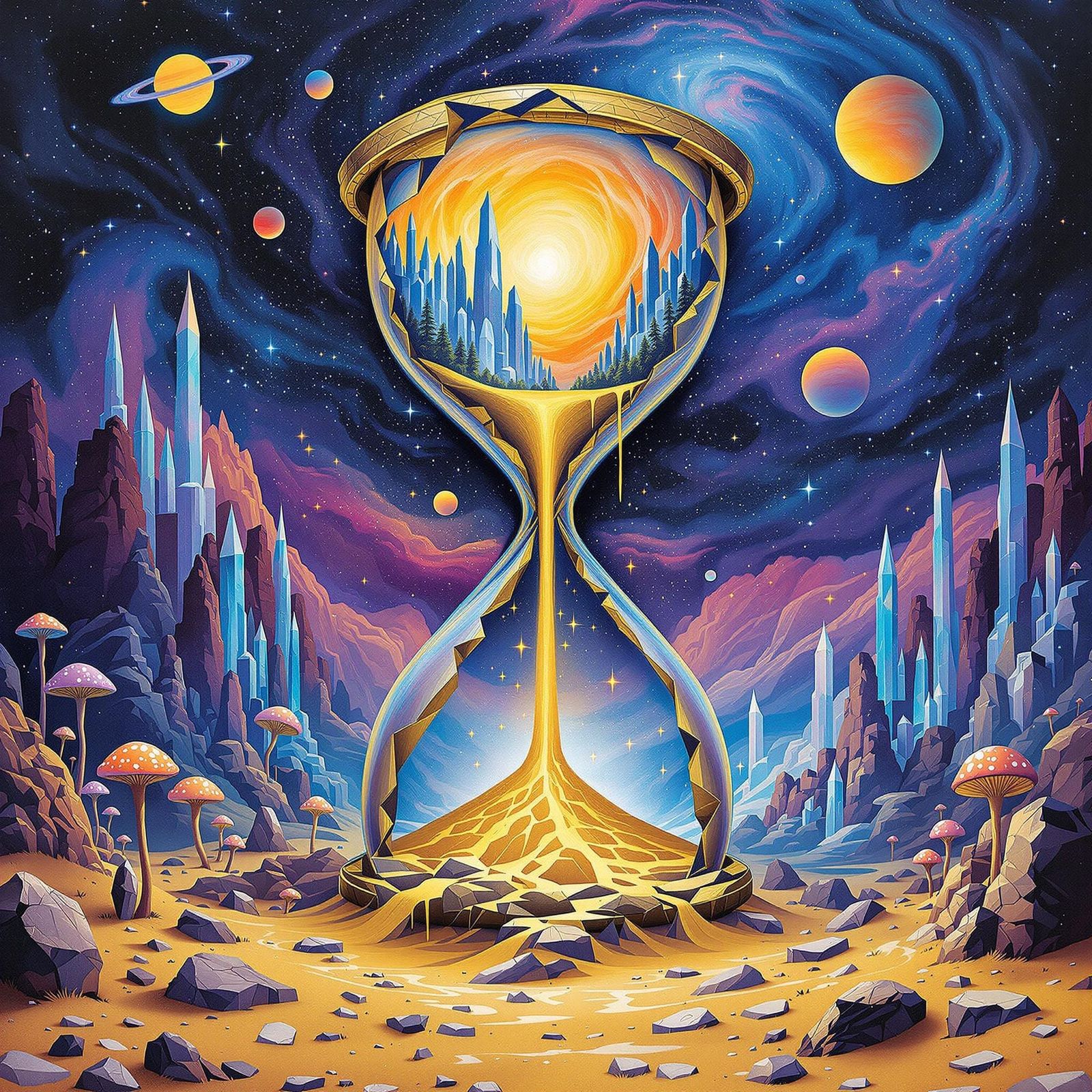 Surreal Landscape in Shattered Hourglass Merging with Galaxy