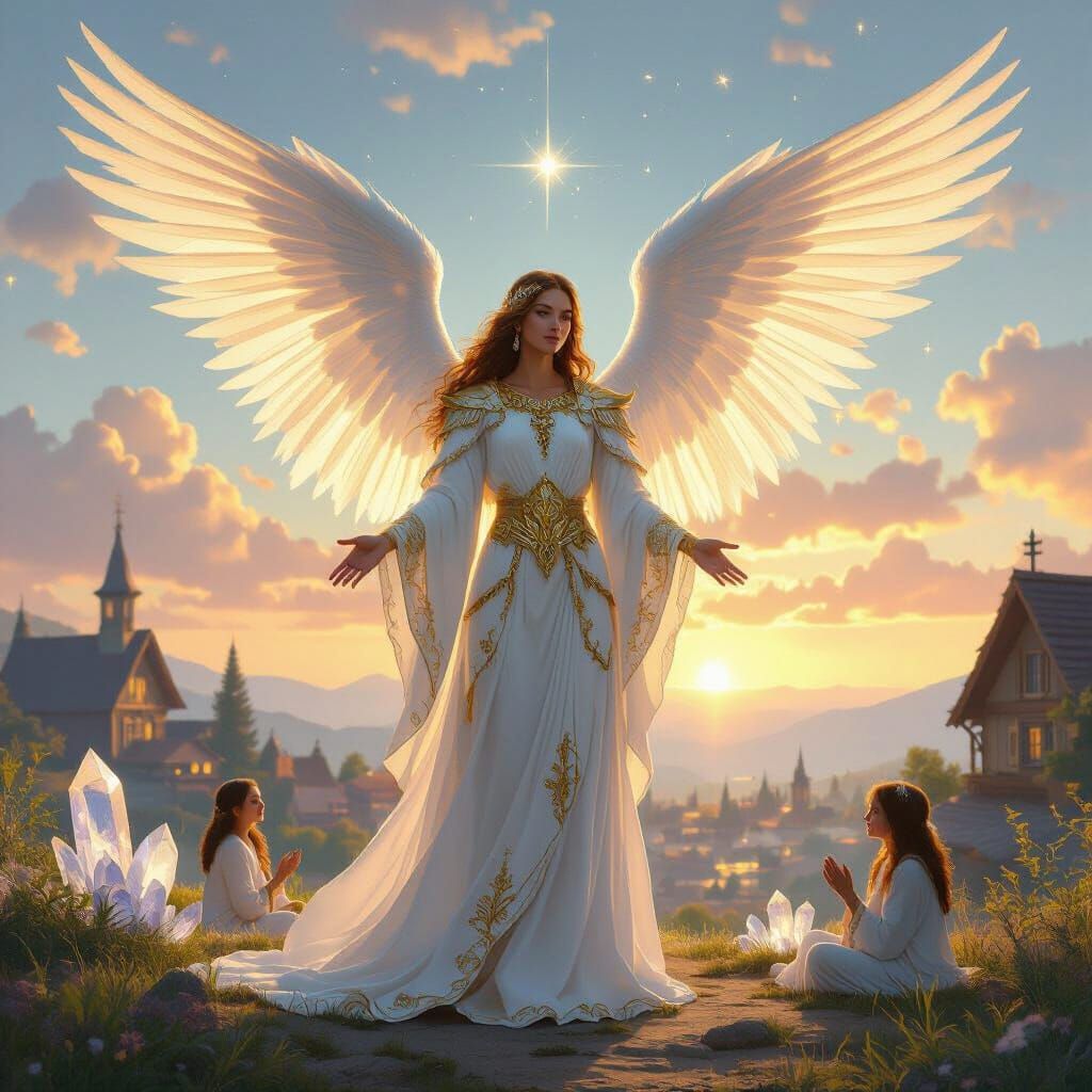 Majestic Angel Over Village in Realistic Style