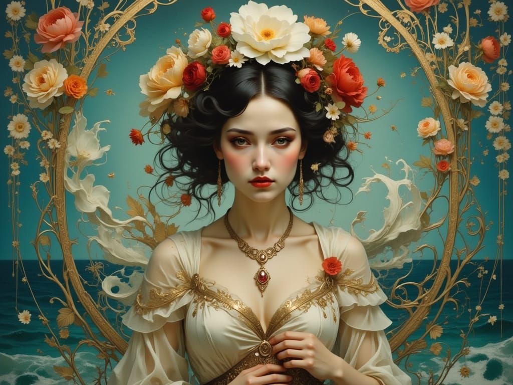 Woman Gazing at Sea in Art Nouveau Style