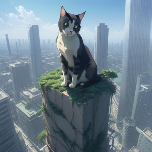 Cat on Skyscraper, Studio Ghibli Anime Style