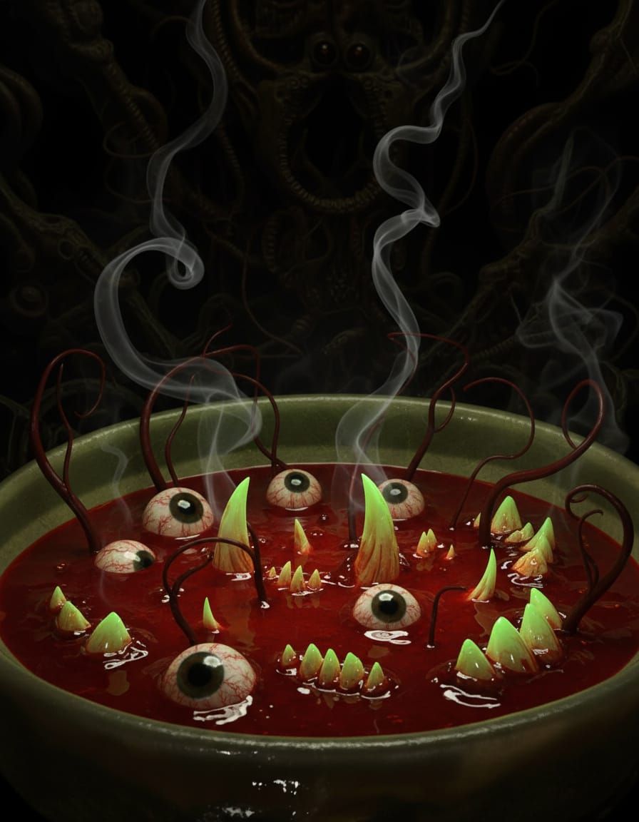 Angry Carnivorous Soup with Googly Eyes in Surrealist Style