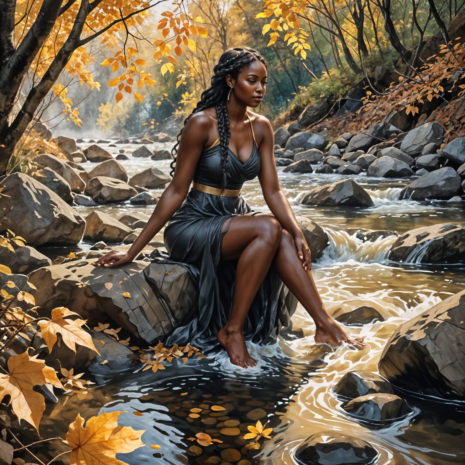 Ebony Goddess Immersed in Autumn Stream