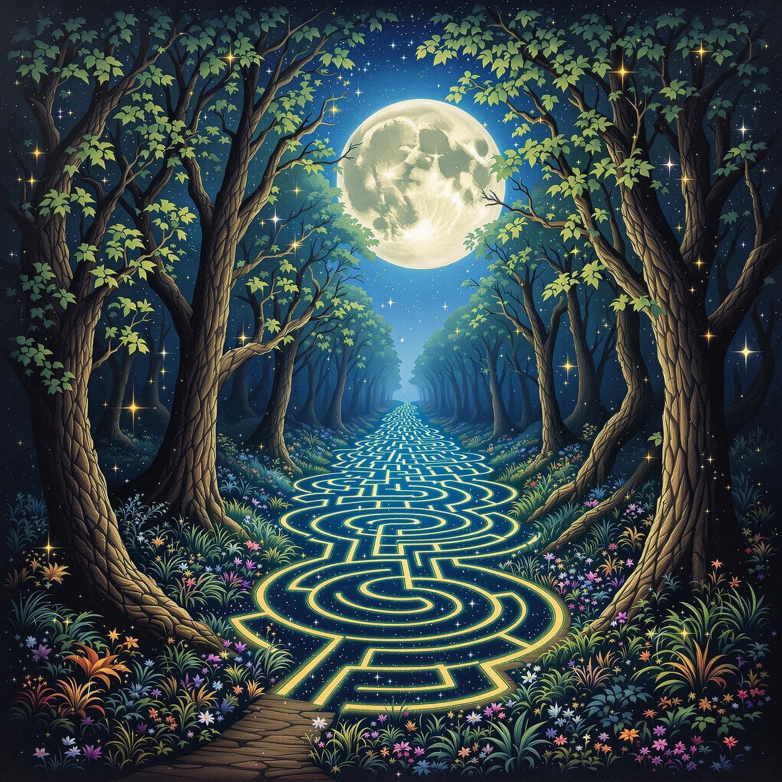 Moonlit Whimsy Forest with Celestial Labyrinth Path