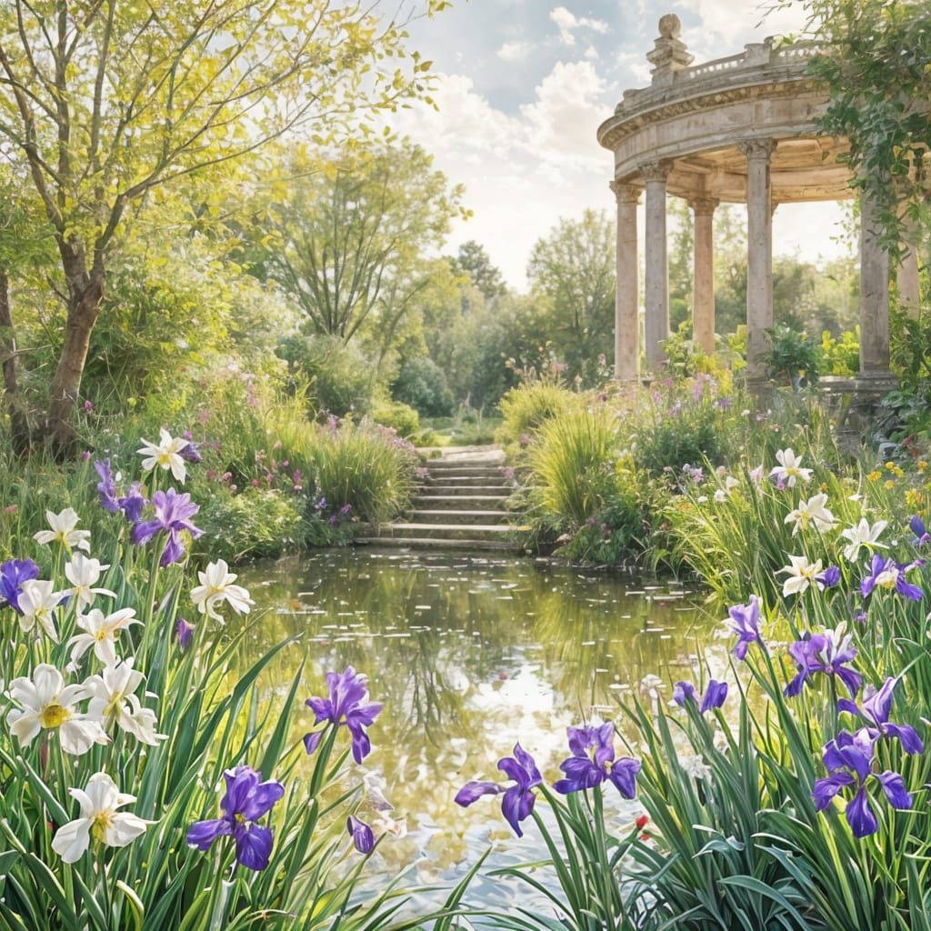 Polychromatic Palladian Garden in Spring with Irises