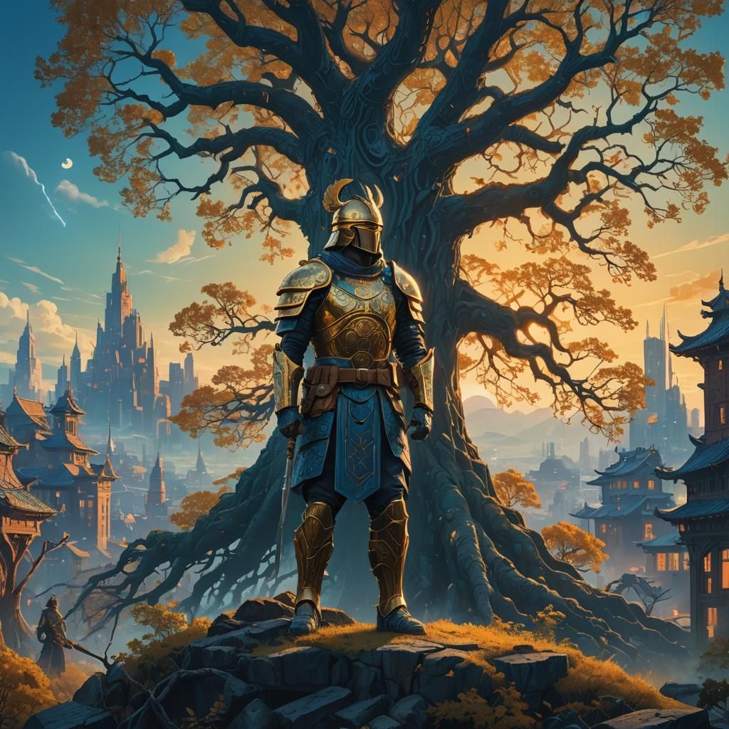 Regal Warrior in Luminous Cityscape: Fantasy Concept Art