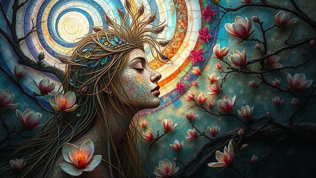 Ephemeral Eco-Art Portrait of Woman with Flowers