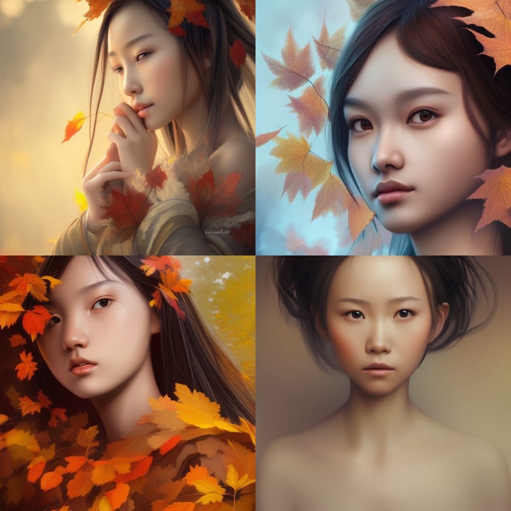 Beautiful Elf Girl Portrait in Autumn Leaves
