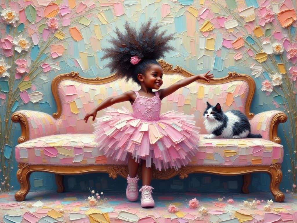 Black Ballerina Dancing Joyfully with Calico Kitten