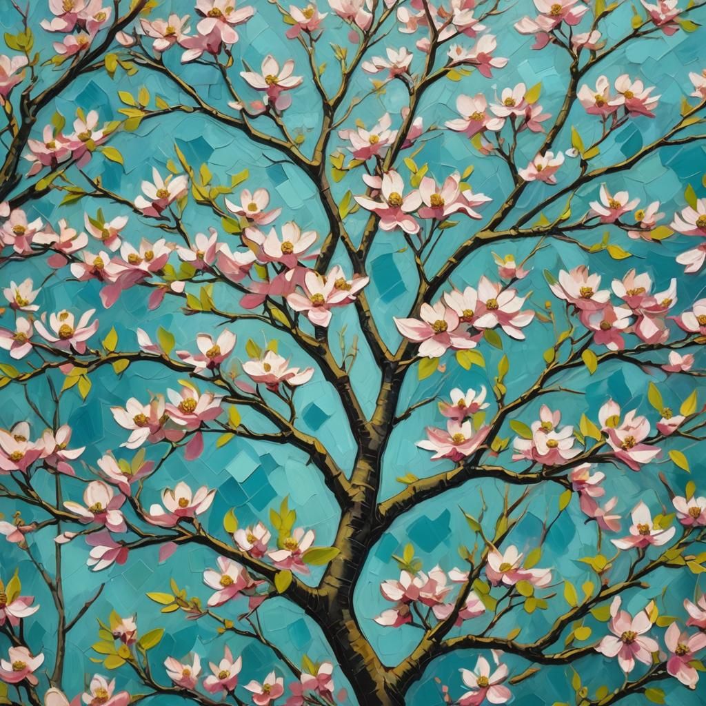 Dogwood Blooms Among Sky-High Oaks as Impasto Painting