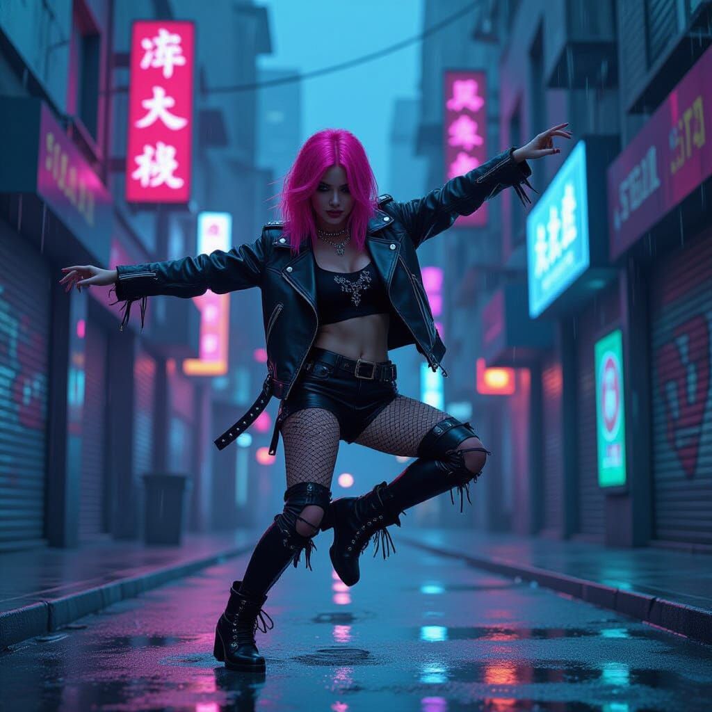 Cyberpunk Dancer in Neon Alleyway