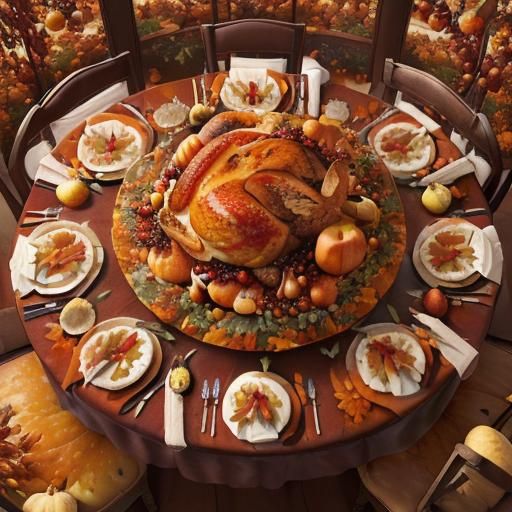 Thanksgiving Feast in Impressionist Gouache Style