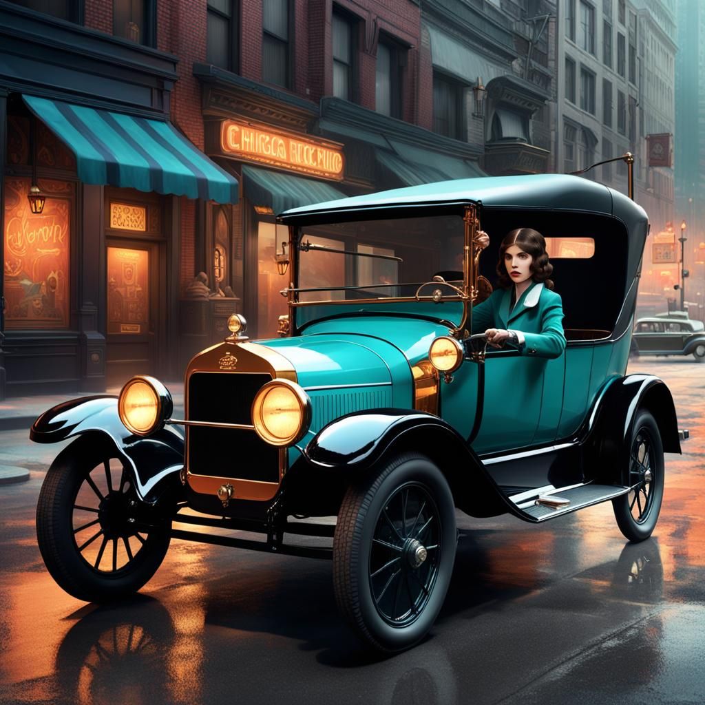 Anna Kendrick with 1920s Ford in Art Deco Chicago