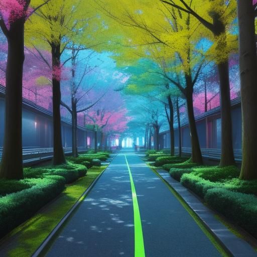 Futuristic Park with Glowing Trees in Anime Style