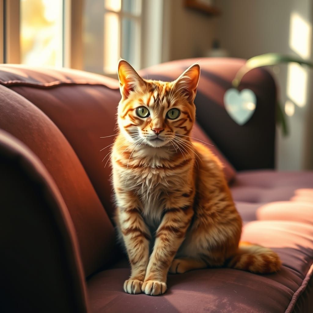 Ginger Cat on Velvet Sofa in Soft Light