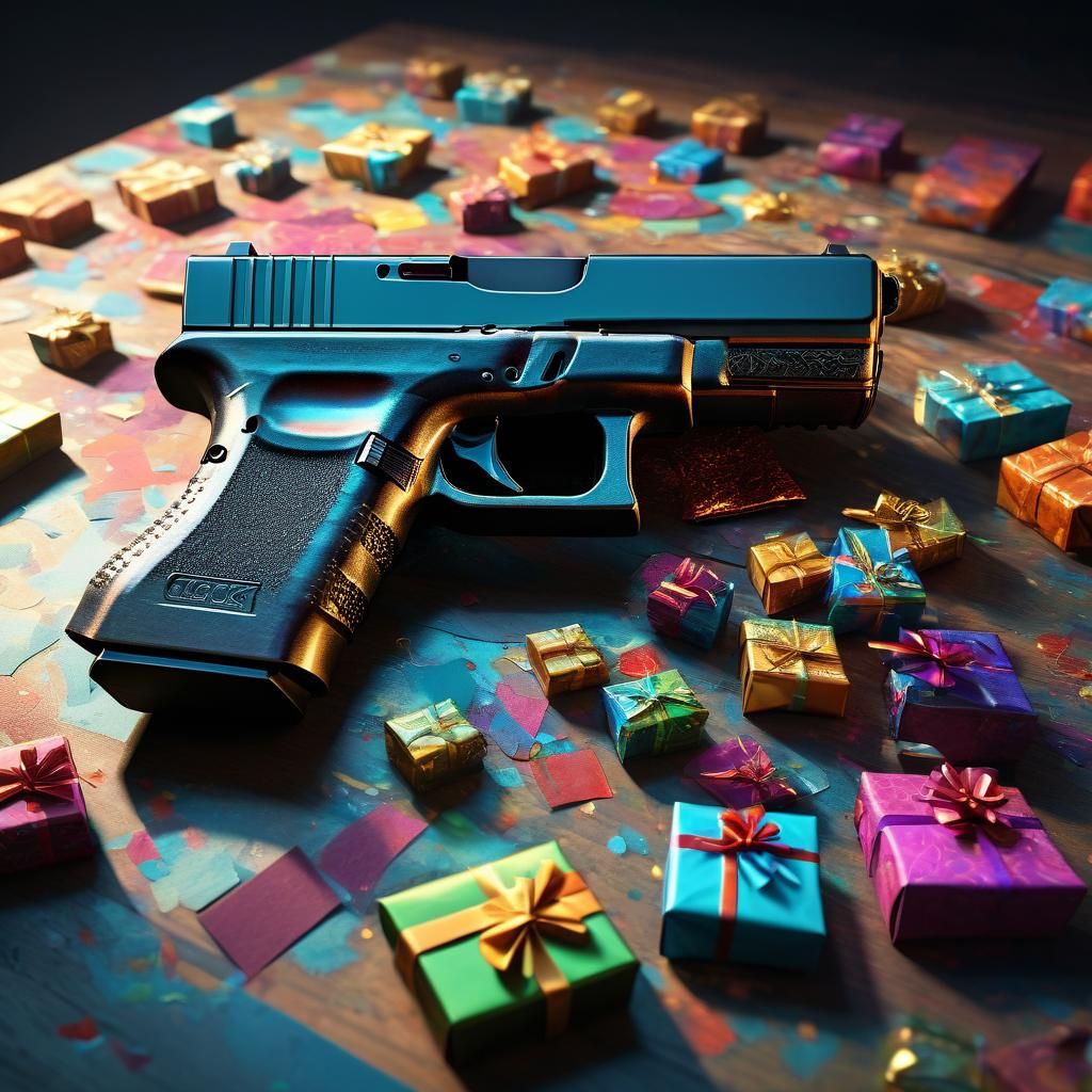 Glock Pistol Wrapped in Gift Paper: Vibrant Hyper-Realistic....