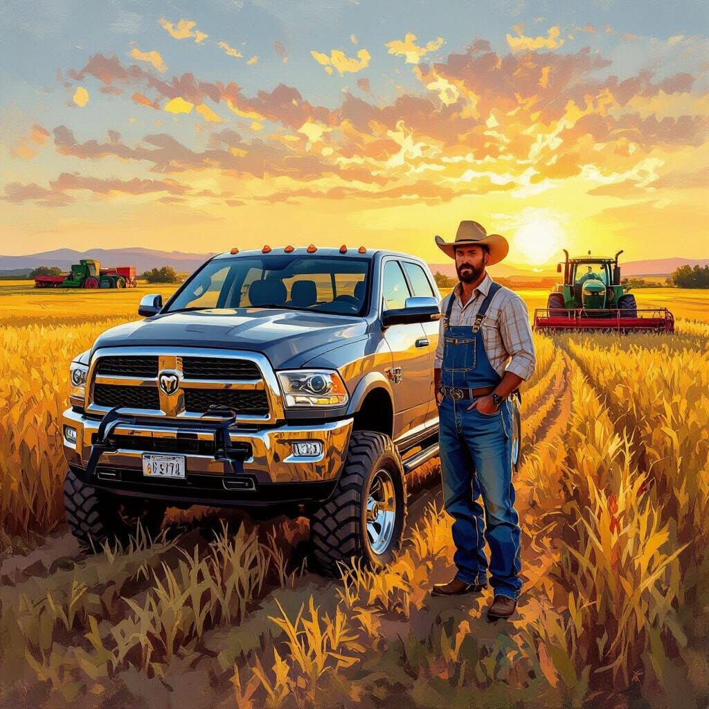 Agroboy With Dodge Ram Truck at Sunset in Oil Painting Style