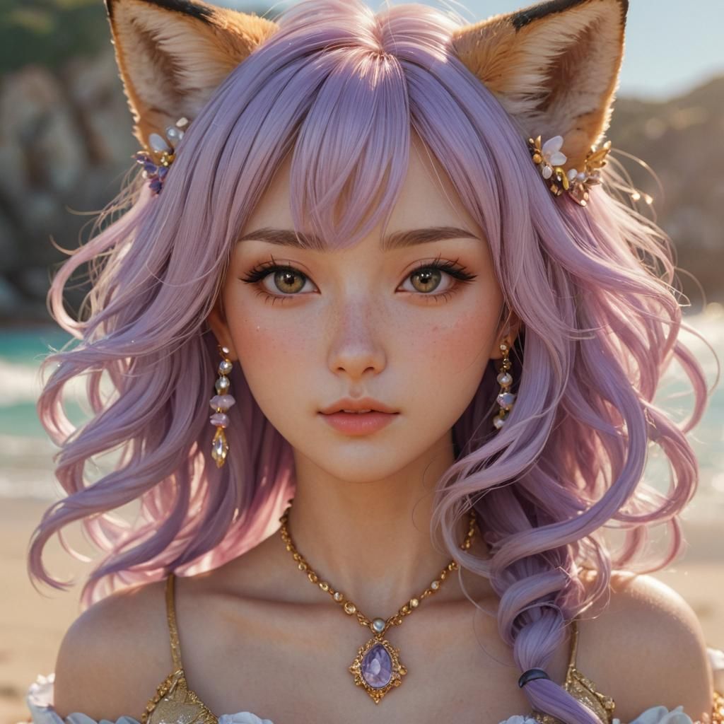 Fox Girl Portrait with Lilac Hair, 3D Anime Art