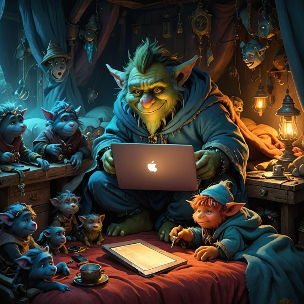 Trolls Working on Laptops in Bed: Fantasy Art