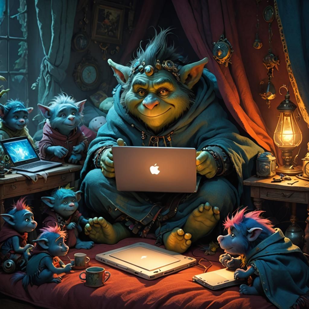 Cute Trolls Working on Laptops in Bed
