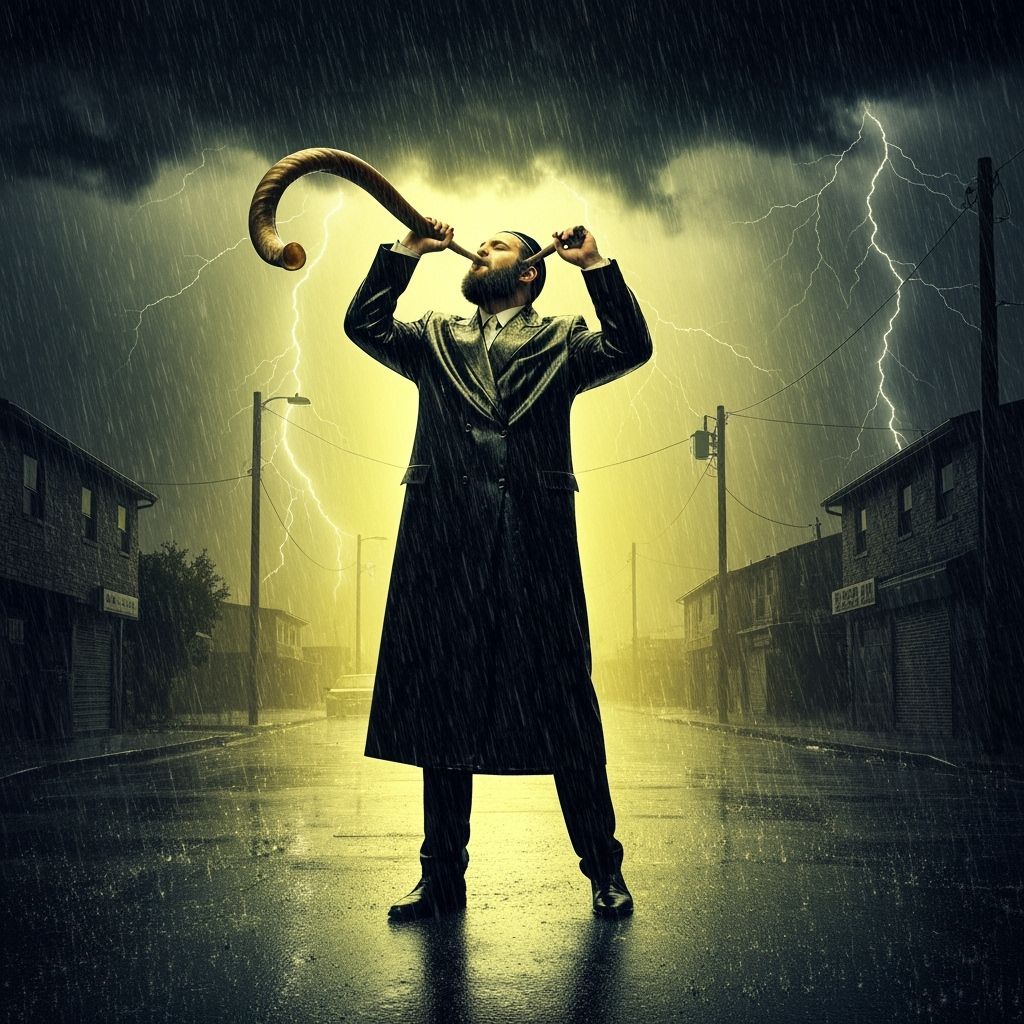 Intense Shofar Blast in Rain-Soaked Street