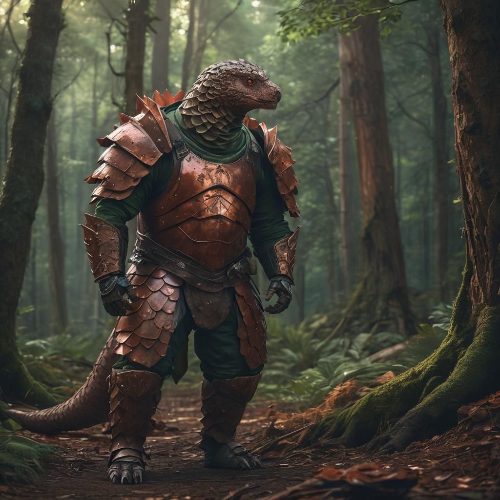 Giant Pangolin Samurai in Ancient Forest